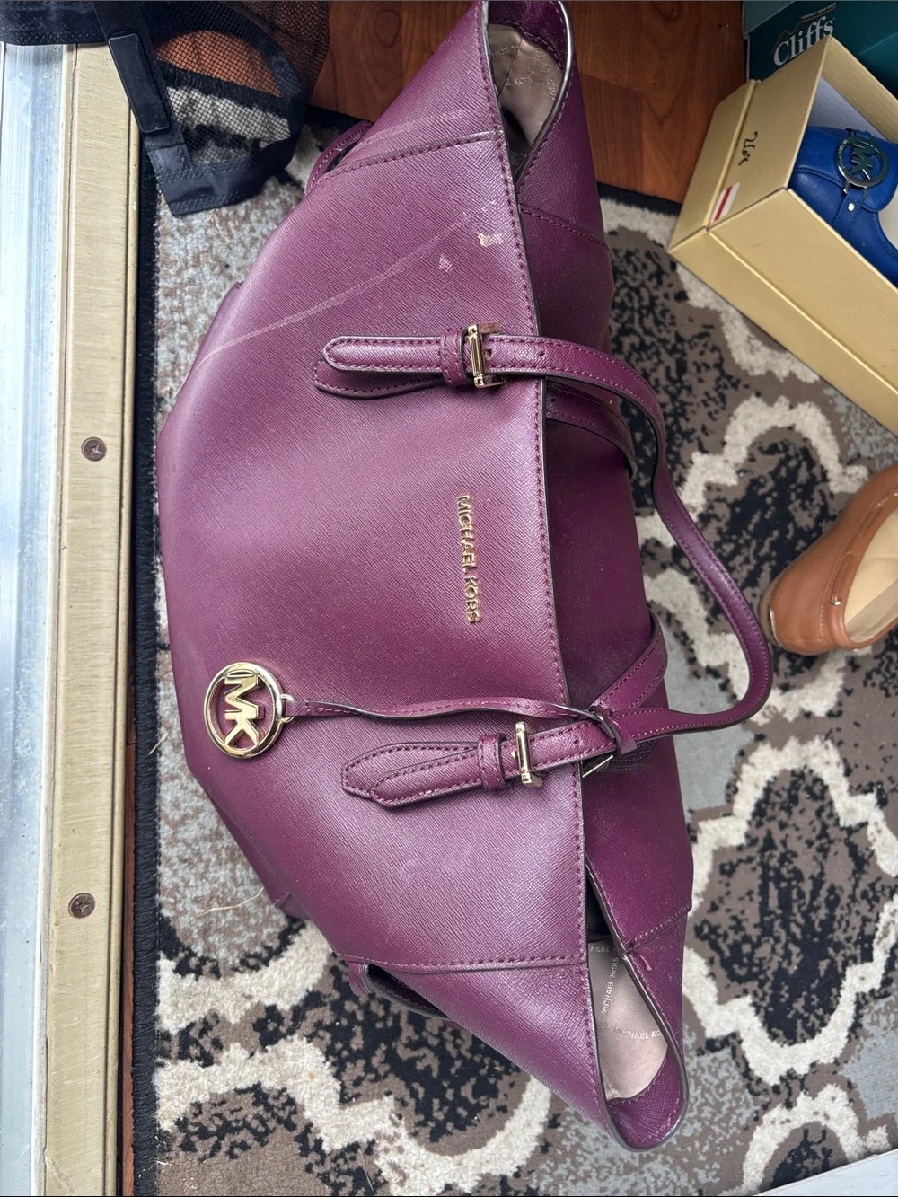 Michael Kors Plum Saffiano Leather Shoulder Tote with Gold MK Charm